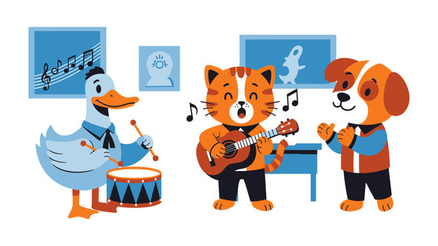 Animal Band Performance: Playful animal band performs together with enthusiasm, creating a cheerful musical scene, evoking feelings of joy, friendship, and the shared pleasure of music.