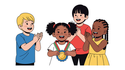Celebrating Triumph: A radiant young champion stands proud, adorned with a golden medal, as friends applaud in a display of pure joy and camaraderie. © Jannat