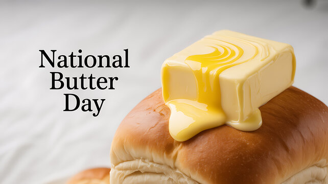 A stick of butter melting on a loaf of bread with 'National Butter Day' text