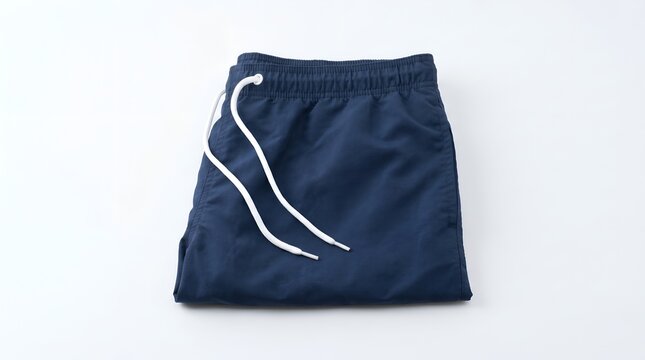 Folded Navy Blue Swim Trunks with White Drawstring on White Background