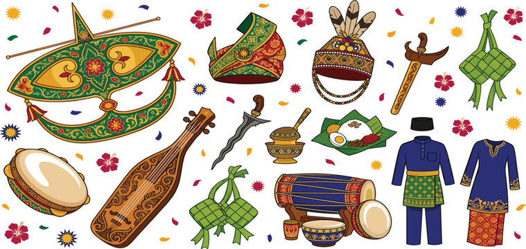 Traditional Malaysian Cultural Heritage Vector Set with Wau Kite Keris Dagger Baju Melayu and Ketupat