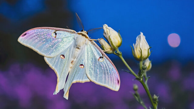 closeup view of white moth on flower with dreamy moon light evening background.ai 