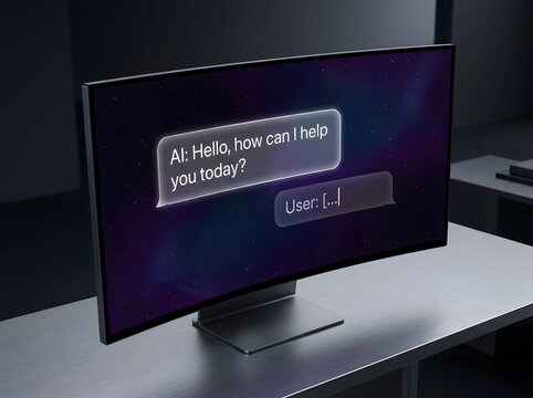 A computer monitor displays an AI interface on a desk in a dark room
