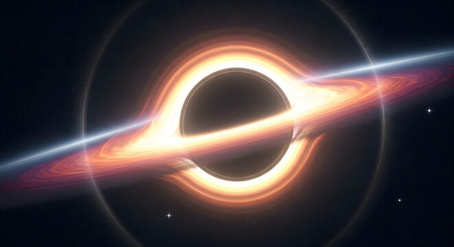 Cinematic black hole, glowing accretion disk, deep space cosmic event