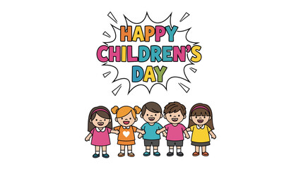 Fototapeta premium Happy Children's Day: A vibrant illustration showcasing unity and joy, as a cheerful group of children stand hand-in-hand, embodying innocence and the spirit of a special day.