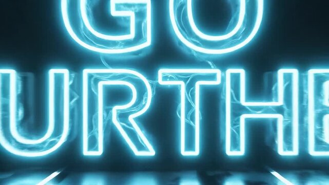 Glowing Neon Text "Go Further" Moving Through Dark Geometric Tunnel