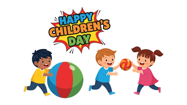 Children's Day: A vibrant illustration celebrates Children's Day with three playful children. A young boy in blue is passing a ball to girl and other young boy holding a big ball in front of him.