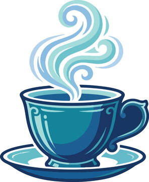 Vintage coffee cup vector illustration, ornate blue teacup with swirling steam, classic hot beverage mug icon for cafe branding and menu design