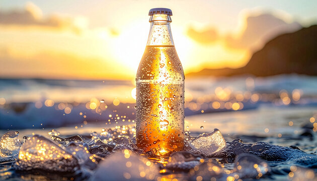 夕暮れのビーチの波打ち際に置かれた冷えた結露のある瓶の飲み物