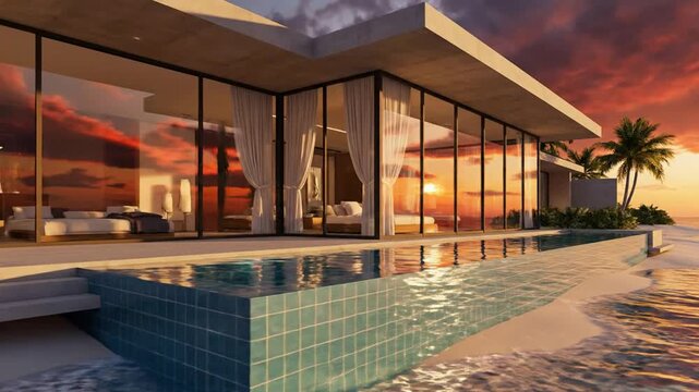 Luxury tropical villa with infinity pool at sunset, modern beachfront resort architecture, exotic island vacation getaway