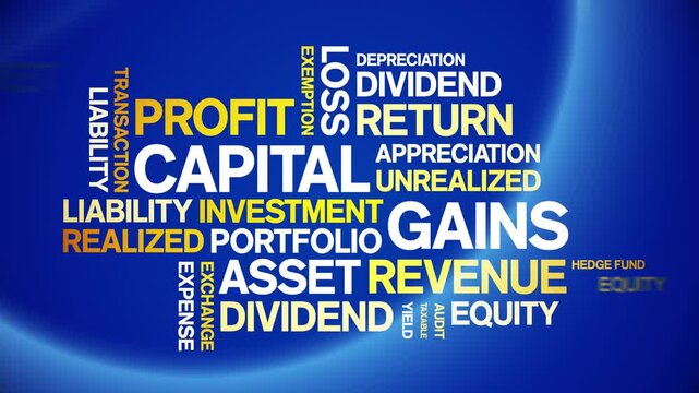 Capital Gains animated word cloud-text design animation tag kinetic typography seamless loop.