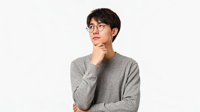 Studio portrait of a young east asian man wearing round glasses and grey casual sweater, holding chin in thoughtful pose against plain white background.