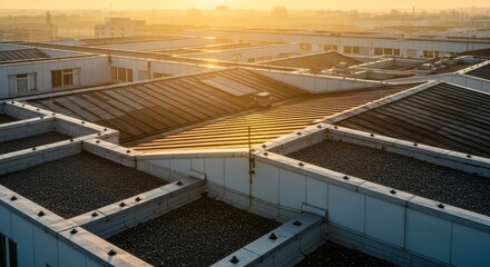 Fototapeta premium Golden sunlight bathes the geometric patterns of expansive industrial rooftops viewed from an oblique angle through a soft, hazy atmosphere, exterior, industrial, orange