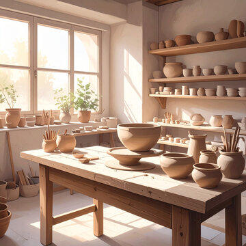 Sunlit pottery studio interior workshop