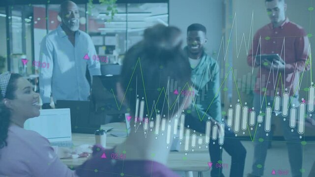 Speaking woman holding folder leading finance pitch in office, animating charts colleagues clapping