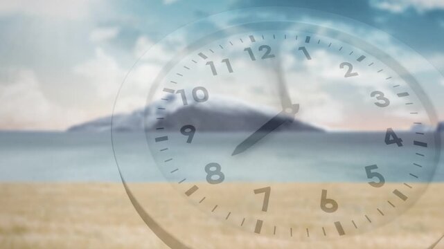 On playback start transparent analog clock hands sweeping clockwise over beach to show time