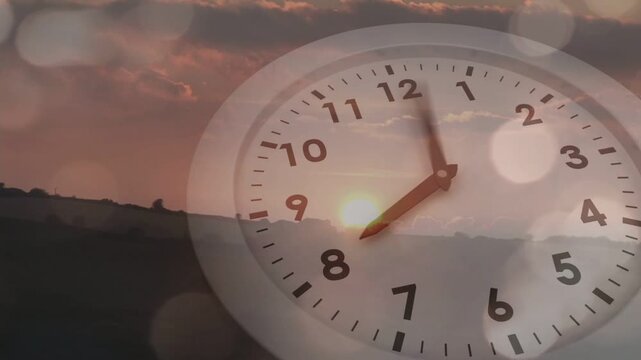 Sunrise starting white clock face rotating hands clockwise, minute swinging, showing timelapse