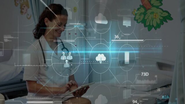 Nurse tapping tablet building animated icons overlay in pediatric room, navigating chart, smiling
