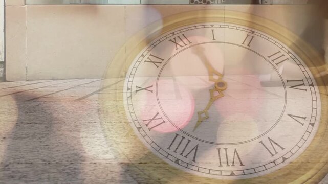 Antique clock overlay marking passing time as passersby entering frame, low camera capturing feet