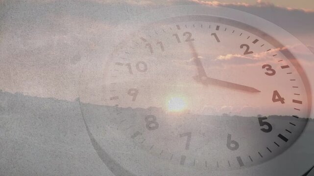 Sun rising starting animation, transparent clock over hill, hands rotating clockwise showing time