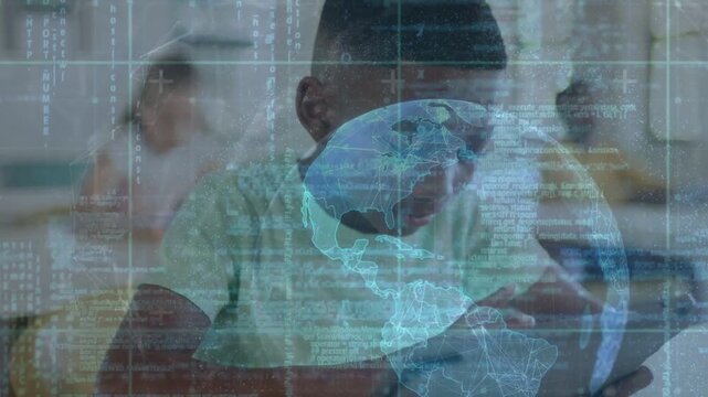 Boy tapping tablet in classroom, activating holographic globe and data streams for STEM learning