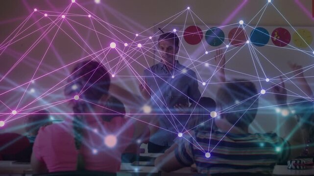 Teacher asking question front of class, eliciting pupil responses, glowing animated network overlay