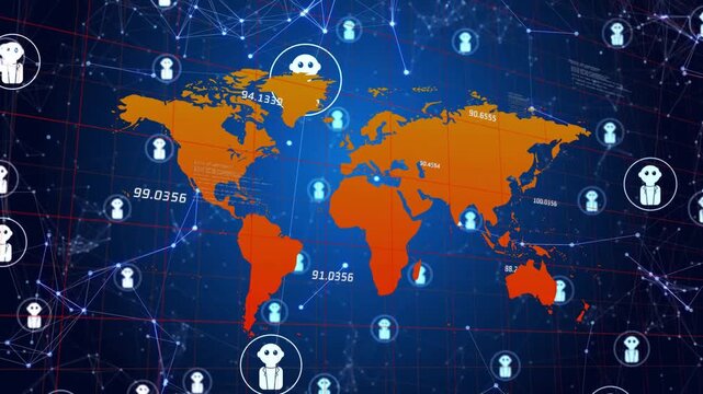 World map receiving metrics, selection rings expanding and avatar nodes showing global activity