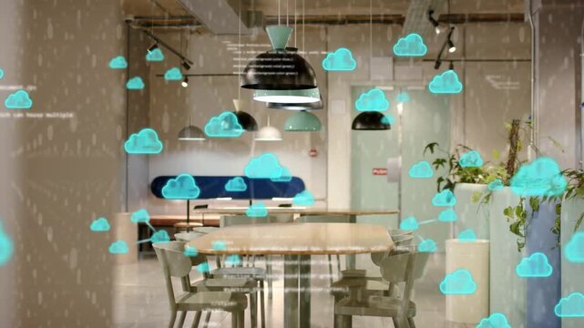 Overlay appearing cyan clouds forming and floating across wooden meeting table showing network data