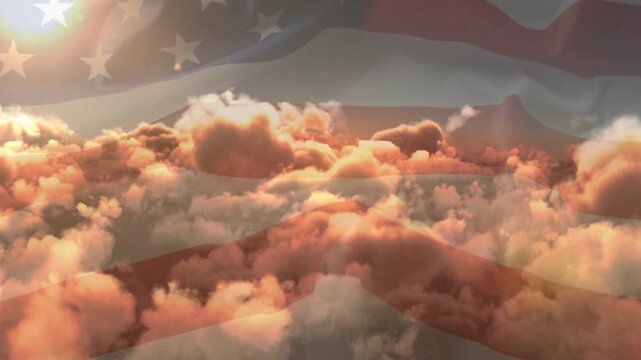Bright light appearing top-left, US flag overlay rising as golden clouds billowing, evoking sunrise