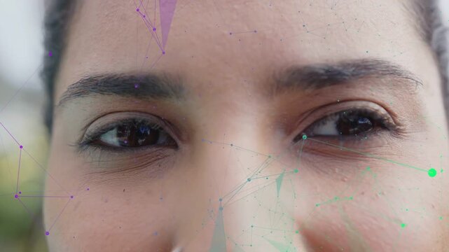 Woman moving gaze squinting as purple or teal overlay drifting frame receding showing nose ring for 