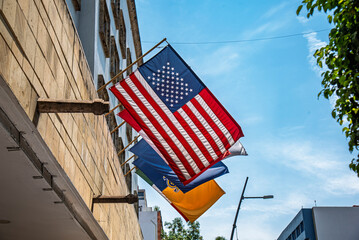 bandera, americas, nos, raya, estrella, cielo, patriótica, rojo, azul, símbolo, patriotismo, blanco, libertad, unido, descargar, estado, patriota, ciudadano, nube, apresurado, ola © fergomez