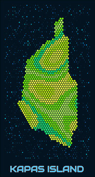 Kapas Island hexagon dots map. Digital style boundary shape. Kapas Island map and title. Tiny green colored hexagons, sparse blue dots at background. Vector Illustration.
