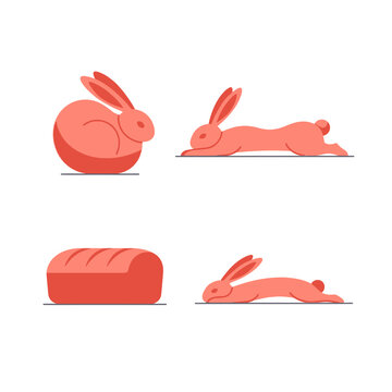 Minimalist rabbit characters in different poses with bread loaf