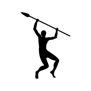 Caveman throwing spear icon, silhouette, white background, vector Illustration