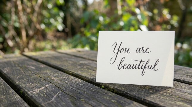 A thoughtful handwritten card with the uplifting message you are beautiful rests on a rustic wooden table outdoors bathed in soft