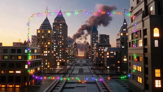 City skyline celebration with colorful holiday lights video.