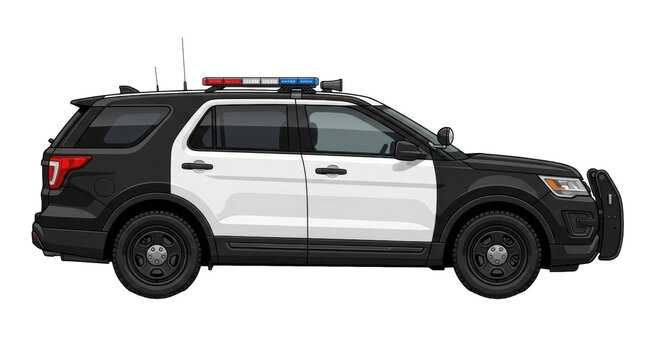 Black and white police car parked on a street, ready for duty during the day