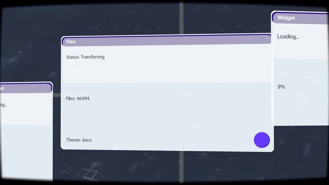 Viewpoint shifting, main Files dialog floating, left panel sliding, widget showing 9% transfer