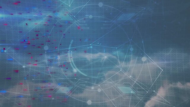 HUD over cloud bank appearing starting pixel stream right arcs rotating nodes pulsing to scan