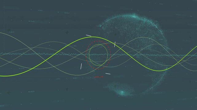 Lime-green sine wave shifting phase at vertical guide, pulsing reticle and revealing data patterns