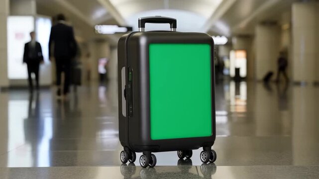 Smart suitcase with a green screen for advertising in a busy airport terminal