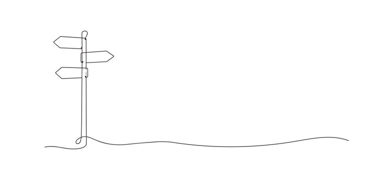 One line drawing of wooden direction sign beside road. Continuous line of outdoor guidance form. Navigation and travel concept. Modern minimalist style. single line art vector illustration.