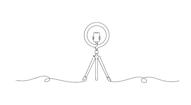 One line drawing of ring light for content creator setup. Continuous line of studio equipment form. Digital media concept. Modern minimalist style. single line art vector illustration.