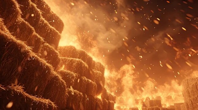 Intense blaze consumes stacked hay bales, sending dense smoke and glowing embers into the dramatic, fiery sky