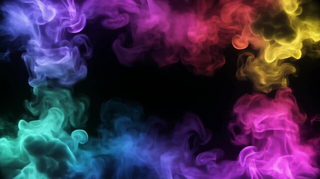 黒背景に広がる鮮やかなネオン煙と幻想的な発光の抽象背景