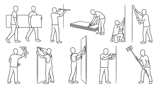 Drywall installation process line art vector set. Collection of construction workers measuring, cutting, carrying, fixing, and finishing plasterboard panels for home renovation.