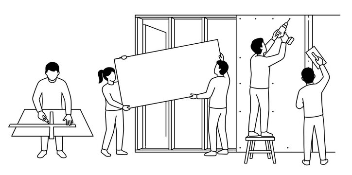 Line art vector illustration of a construction team installing drywall panels. Workers cutting, carrying, drilling, and plastering gypsum boards for interior wall renovation.