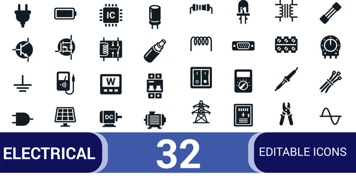 Electrical icons set with 32 editable symbols for electronics and engineering