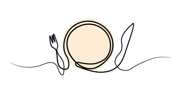 Kitchen utensils Hand-drawn tableware illustration for a restaurant logo or menu cover in linear style art.