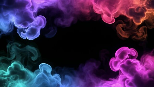 黒背景に広がる鮮やかなネオン煙と幻想的な発光の抽象背景
